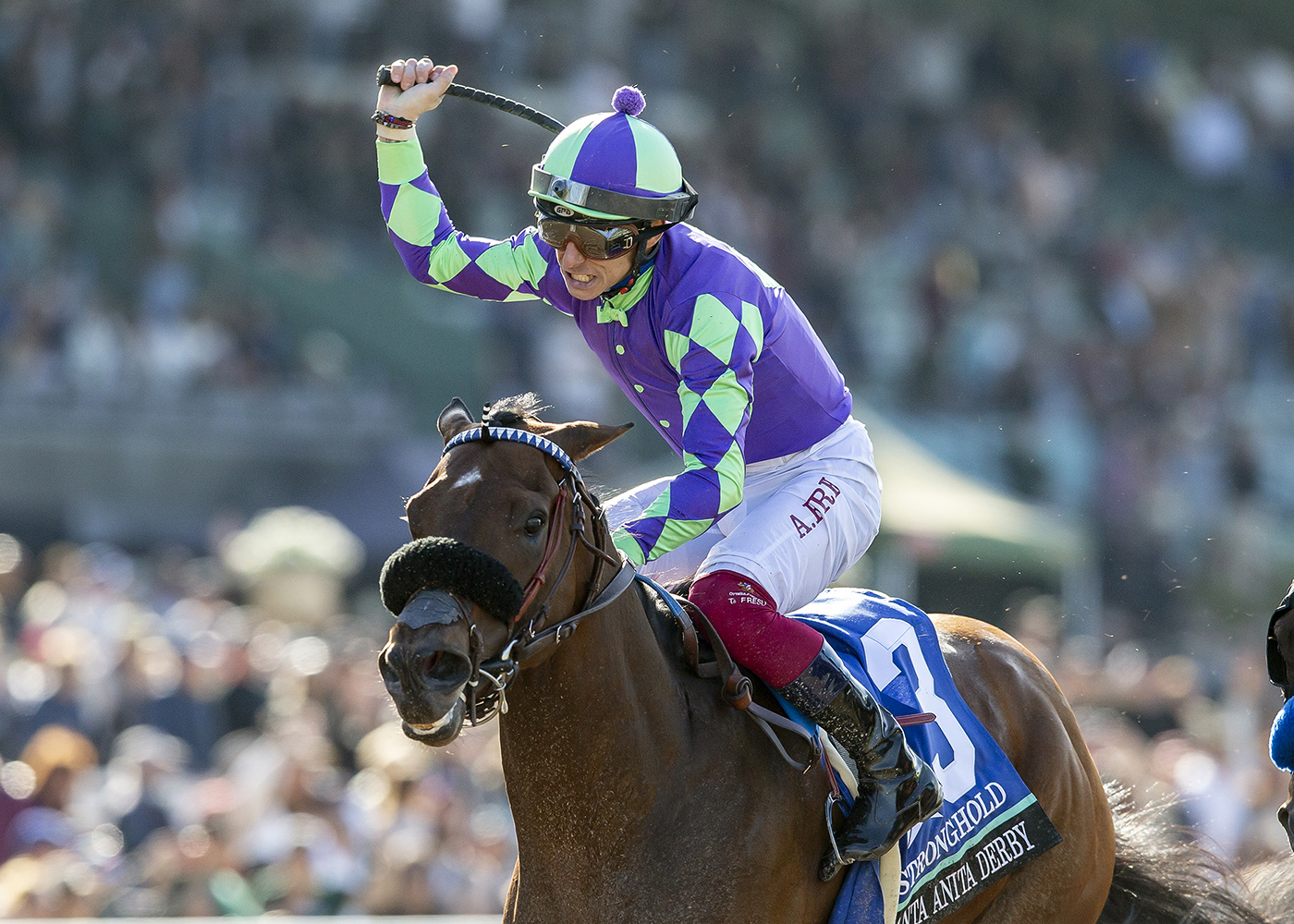 Stronghold, jockey Antonio Fresu win Santa Anita Derby 1 Stronghold ins3 200 thproB